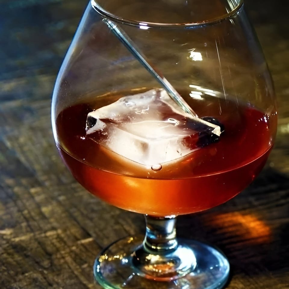 Amber cocktail with a large ice cube served in a stemmed glass on a dark wooden bar.