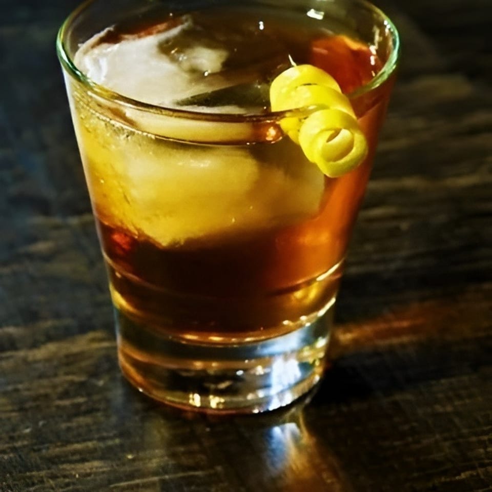 Amber cocktail with a large ice cube and lemon twist garnish served in a rocks glass on a rustic wooden table.