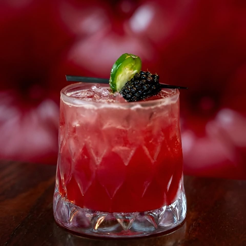 Red cocktail in a faceted glass, garnished with a lime wedge and blackberries, sits on a wooden bar against a red backdrop.