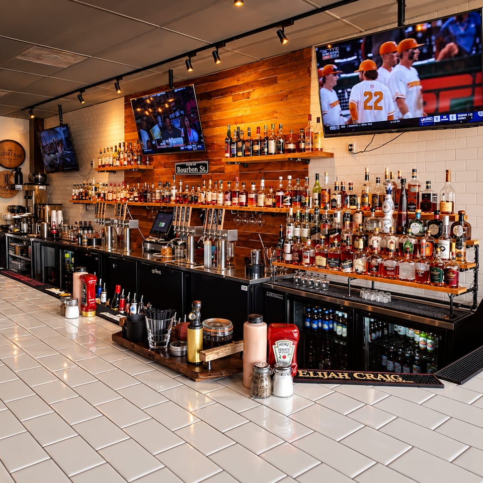 Bar with a tiled countertop, bourbon bottles, and televisions showing sports.