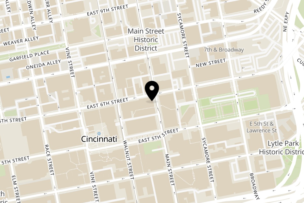 Map showing the location of Bourbon's Kitchen Downtown Cincinnati on 199 E 6th St in Cincinnati